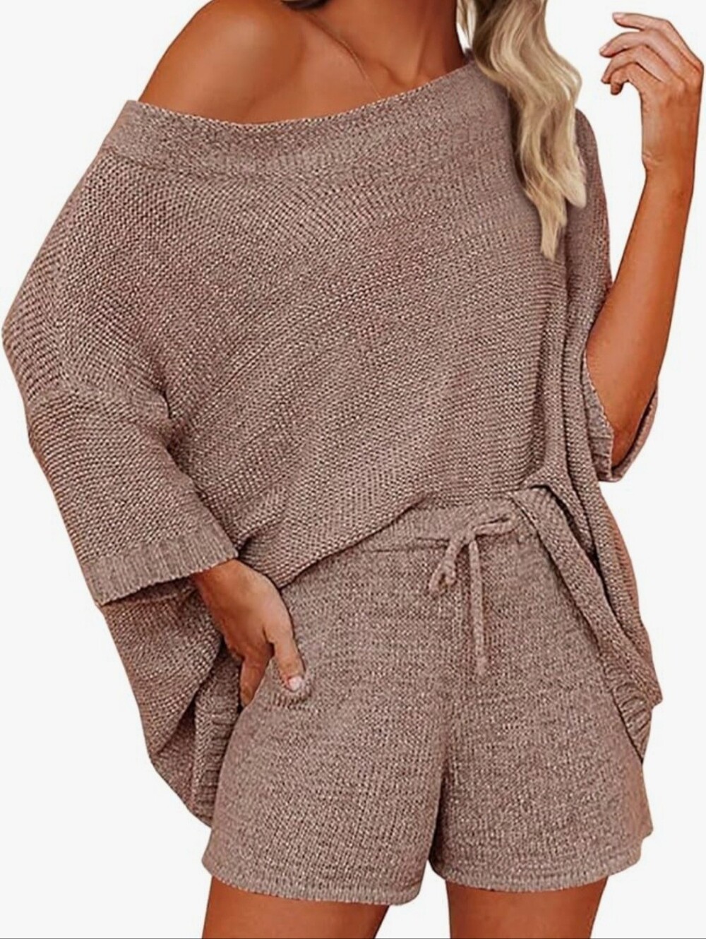 Relaxed Taupe Knit Women's Sweater & Shorts